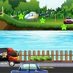 Ilustrácia ukazuje farebnú scenériu s lietadlom a helikoptérou vo vzduchu, riekou v strede, nákladným autom a autom na ceste v popredí