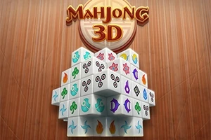 Trojrozmerná pyramída z mahjong kociek s rôznymi symbolmi na drevenom pozadí