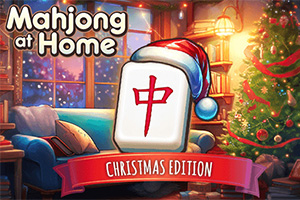 Slovami Mahjong at Home Christmas Edition vedľa dekorovaného vianočného stromčeka a kachľovej pece, s dominantnou hracou kartou má červený čínsky znak a modro-červenou čiapkou