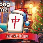 Slovami Mahjong at Home Christmas Edition vedľa dekorovaného vianočného stromčeka a kachľovej pece, s dominantnou hracou kartou má červený čínsky znak a modro-červenou čiapkou