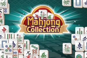 Logo Mahjong Collection obklopené dlaždicami mahjongu na tyrkysovom žiarivom pozadí