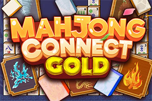 Farebný herný banner s nápisom „Mahjong Connect Gold, obklopený mahjongovými kameňmi a kartami s motívmi ohňa, vody a rastlín