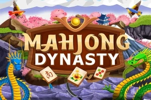 Nápis MAHJONG DYNASTY s farebnými drakmi, kvetmi a tradičnými dlaždicami na pozadí hôr s čerešňovými kvetmi