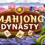 Nápis MAHJONG DYNASTY s farebnými drakmi, kvetmi a tradičnými dlaždicami na pozadí hôr s čerešňovými kvetmi