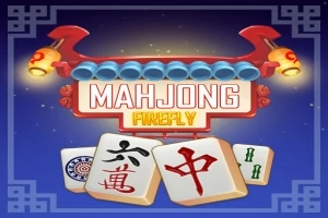 Červené ázijské lampióny s textom MAHJONG FIREFLY a tromi mahjong dlaždicami v popredí