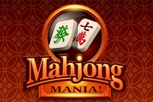 Dve mahjong kocky s čínskymi znakmi na červenom dekoratívnom pozadí s nápisom Mahjong Mania