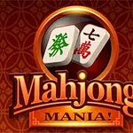 Dve mahjong kocky s čínskymi znakmi na červenom dekoratívnom pozadí s nápisom Mahjong Mania