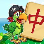Pestrofarebný papagáj s pirátskou čiapkou stojí vedľa mahjong dlaždice s červeným symbolom na pozadí modrej oblohy a mora