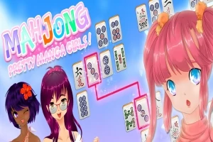 Dve anime dievčatá s ružovými a fialovými vlasmi stoja vedľa hracích kameňov mahjongu na modrom pozadí