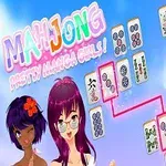 Dve anime dievčatá s ružovými a fialovými vlasmi stoja vedľa hracích kameňov mahjongu na modrom pozadí