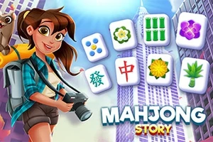 Mladá žena držiaca fotoaparát, s niekoľkými mahjong kameňmi v pozadí pri panoráme mesta