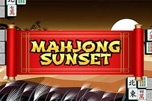 Červený zvitok s nápisom MAHJONG SUNSET na pozadí západu slnka s mesiacom a čierno-bielymi trávami