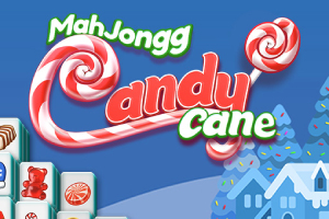 Text MahJongg Candy Cane s cukríkovými špirálami na modrom pozadí s vianočnými stromčekmi a domčekmi