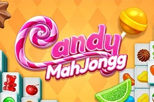 Ružový nápis Candy MahJongg s liloidnou palicou a lízatkom na oranžovom diamantovom pozadí, obklopený sladkosťami a kockami s obrázkami ovocia