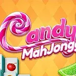 Ružový nápis Candy MahJongg s liloidnou palicou a lízatkom na oranžovom diamantovom pozadí, obklopený sladkosťami a kockami s obrázkami ovocia
