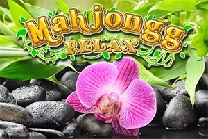 Ružová orchidea na čiernych kameňoch s nápisom Mahjongg Relax a zeleným listím v pozadí