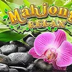 Ružová orchidea na čiernych kameňoch s nápisom Mahjongg Relax a zeleným listím v pozadí