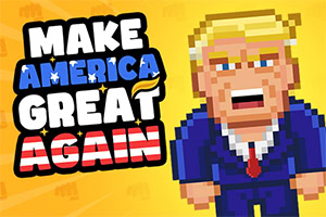 Pixelová postavička v obleku vedľa nápisu „MAKE AMERICA GREAT AGAIN“ na žltom pozadí