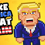 Pixelová postavička v obleku vedľa nápisu „MAKE AMERICA GREAT AGAIN“ na žltom pozadí