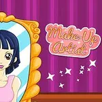Ilustrácia mladého dievčaťa so zrkadlom a nápisom Make-Up Artist na fialovom pruhovanom pozadí