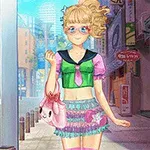 Anime postava v farebnom oblečení s okuliarmi a kabelkou kráčať po mestskom chodníku