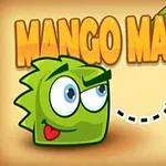 Zelený kreslený tvor s veľkými očami a srdcovými ústami pozerajúci na mango, pod nápisom MANGO MANIA