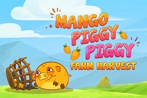 Kreslená ilustrácia s usmievavým prasiatkom, drevenou klietkou a farebným textom „Mango Piggy Piggy Farm Harvest“ na pozadí modrej oblohy a zelených kopcov