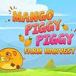 Kreslená ilustrácia s usmievavým prasiatkom, drevenou klietkou a farebným textom „Mango Piggy Piggy Farm Harvest“ na pozadí modrej oblohy a zelených kopcov