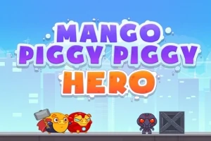 Farebné kreslené postavičky s nápisom Mango Piggy Piggy Hero na modrom pozadí s budovami