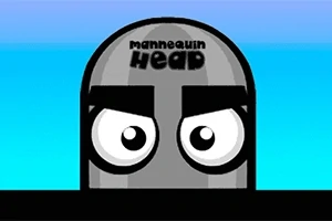 Sivá animovaná hlava s výraznými očami a nápisom mannequin head na vrchu, na modrom pozadí