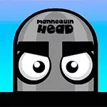 Sivá animovaná hlava s výraznými očami a nápisom mannequin head na vrchu, na modrom pozadí