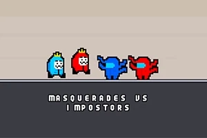 Štylizované kreslené postavičky modrej a červenej farby s korunami a nápis Masquerades vs Impostors