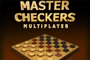 Nápis Master Checkers Multiplayer nad šachovnicou s červenými a čiernymi dámami