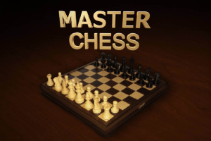 Šachová doska s usporiadanými čiernymi a bielymi figúrkami a nad ňou nápis MASTER CHESS