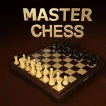 Šachová doska s usporiadanými čiernymi a bielymi figúrkami a nad ňou nápis MASTER CHESS