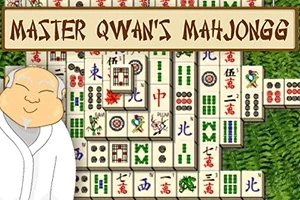 Usmievavý postava v bielom plášti stojí pred usporiadanými kameňmi Mahjongu s rôznofarebnými symbolmi na zelenom pozadí s nápisom hore