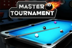 Biliardový stôl s niekoľkými guľami a tágo pod logom Master Tournament