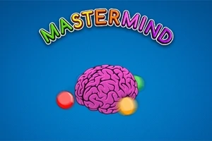 Farebný nápis „MASTERMIND“ nad ružovým mozgom s tromi farebnými guľôčkami na modrom pozadí