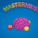 Farebný nápis „MASTERMIND“ nad ružovým mozgom s tromi farebnými guľôčkami na modrom pozadí
