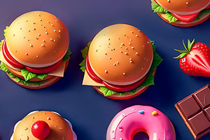 Ilustrácia hamburgerov, ružového donutu a sladkostí (jahoda a čokoláda) na modrom pozadí