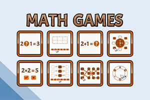 Obrázok zobrazuje sedem ikon s matematickými témami na svetlom pozadí, označené nápisom MATH GAMES