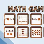 Obrázok zobrazuje sedem ikon s matematickými témami na svetlom pozadí, označené nápisom MATH GAMES