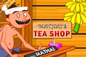 Kreslená postava s fúzami stojaca pri pulte s nápisom Mathais Tea Shop v pozadí, s kvetinovou dekoráciou na drevenej stene