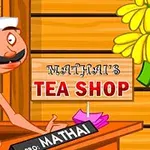 Kreslená postava s fúzami stojaca pri pulte s nápisom Mathais Tea Shop v pozadí, s kvetinovou dekoráciou na drevenej stene