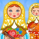 Dve farebné ruské matriošky s kvetinovými vzormi, jedna držiaca nástroj a druhá s oranžovou mačkou