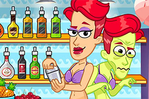 Žena v bikinách pripravuje drink pri bare, zatiaľ čo za ňou stojí muž zelenkastej pleti s červenými vlasmi