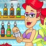 Žena v bikinách pripravuje drink pri bare, zatiaľ čo za ňou stojí muž zelenkastej pleti s červenými vlasmi