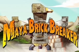 Farebný kreslený kamenný totem uprostred s nápisom „Maya Brick Breaker na pozadí hôr a oblohy