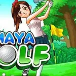 Mladá golfistka v džungli so zelenými stromami a golfovou palicou, nápis Maya Golf
