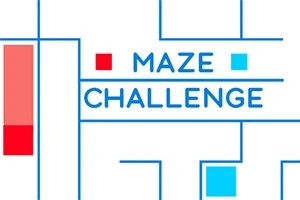 Nápis Maze Challenge v modro-bielej farebnej schéme s prvkami bludiska a červenými a modrými štvorcami